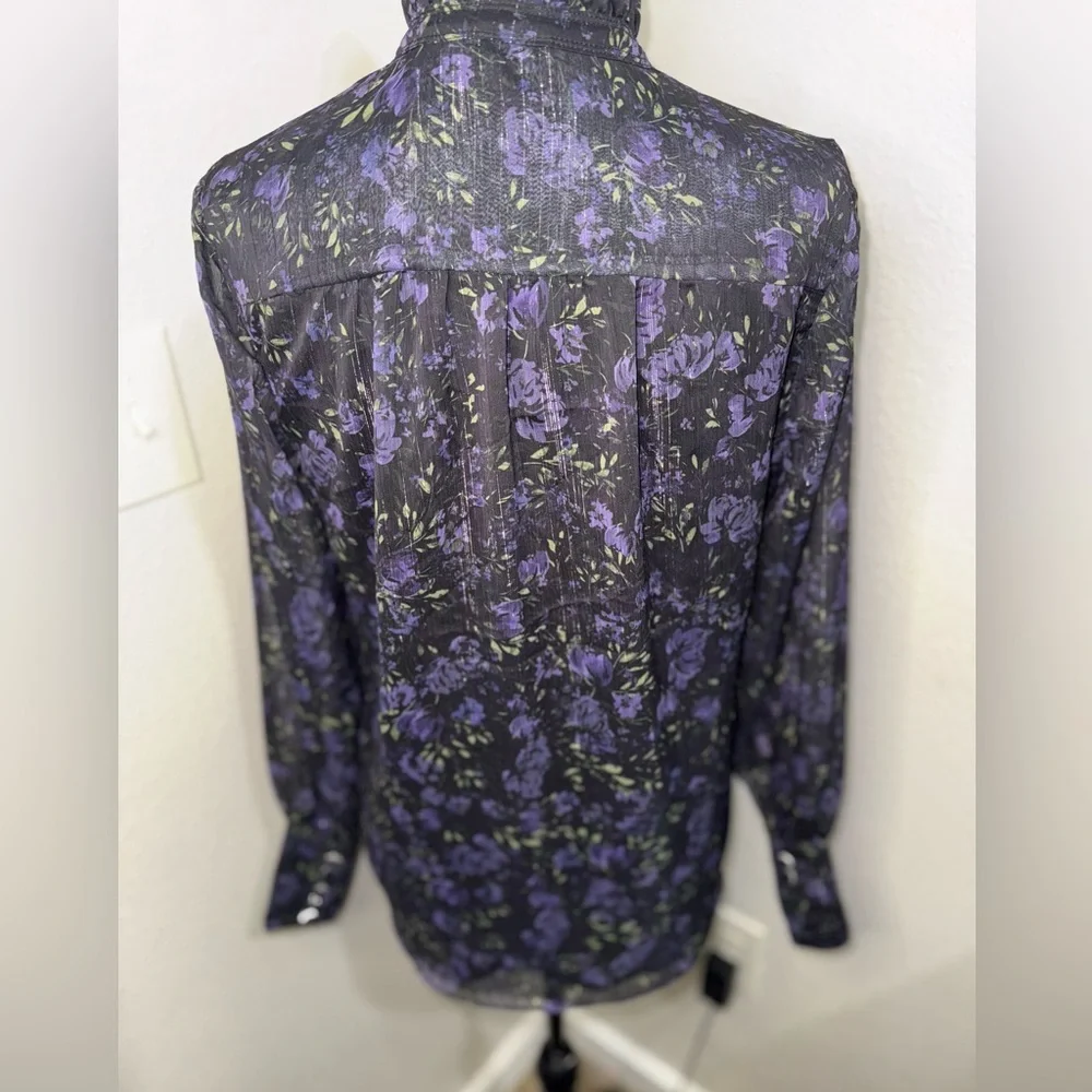 Elie Tahari‎ Whimsical Black and Purple Floral Blouse- Size XS